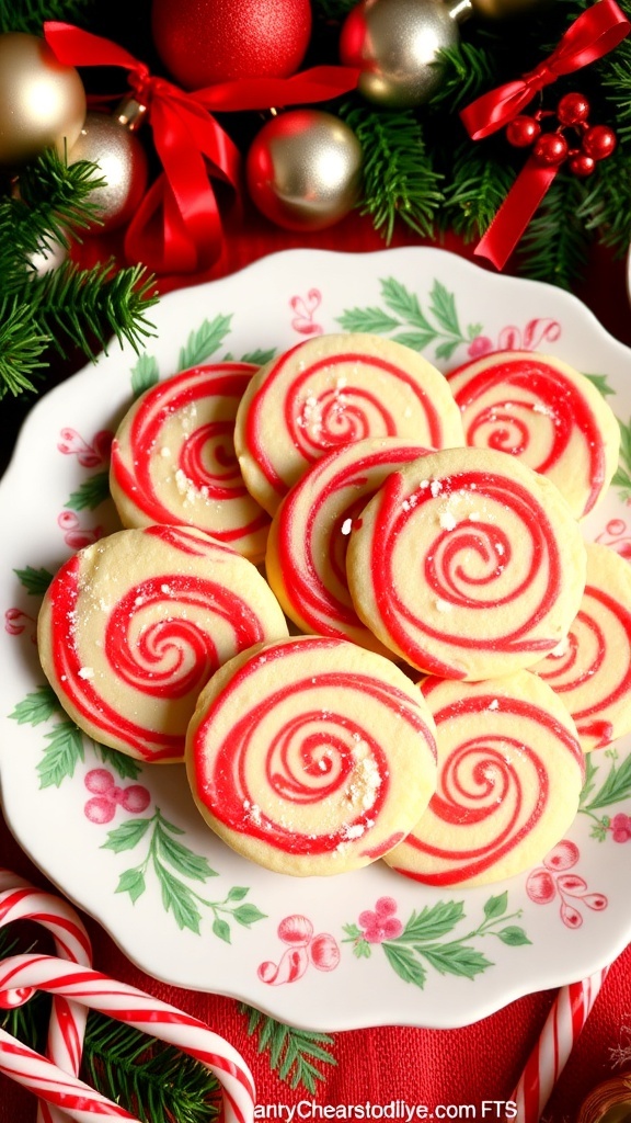 A plate of candy cane cookies with red and white swirls, decorated with crushed candy canes, set against a festive holiday backdrop.